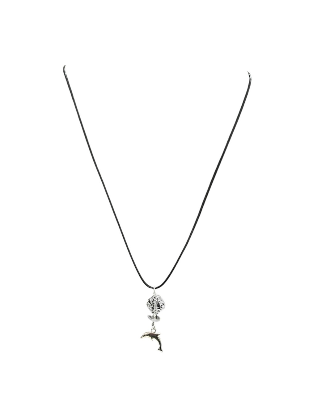 Nautical Silver Dolphin Charm Necklace Black Cord Crystal Boho Beach Jewelry